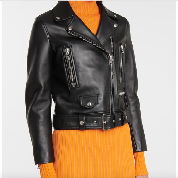 Acne Studios Black 100% Lamb Leather Mock Moto Jacket Size 36 - Picture 1 of 10